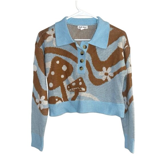 Derek Heart Blue Mushroom Button Pullover Retro Cropped Sweater Size Small - Picture 1 of 7